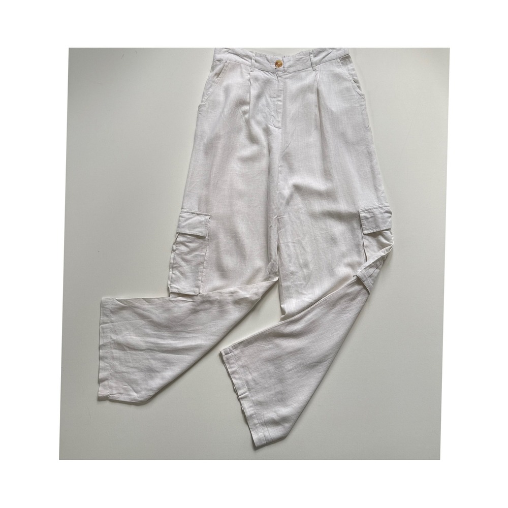 And Now This Womens Linen Blend Wide Leg Cargo Pants Off White Cream Size M NEW